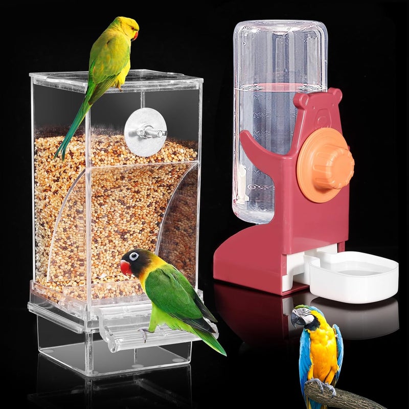 Kenond Bird Water Dispenser, Automatic Bird Feeder for Cage,No Mess Bird Feeder, Parakeet Seed Container Food Feeder Drinker for Cage, Parrot Feeder Cage Accessories，Cockatiel Canary Lovebirds Budgies (Red) - Image 1